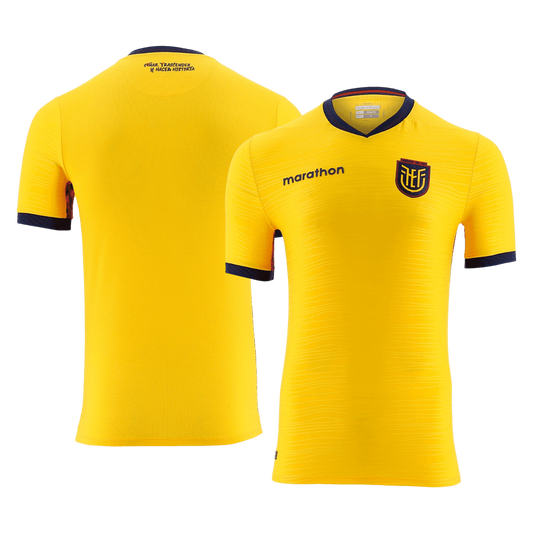 Ecuador 2026 World Cup home replica jersey front and back combined view with yellow base and navy trim, blank without player print
