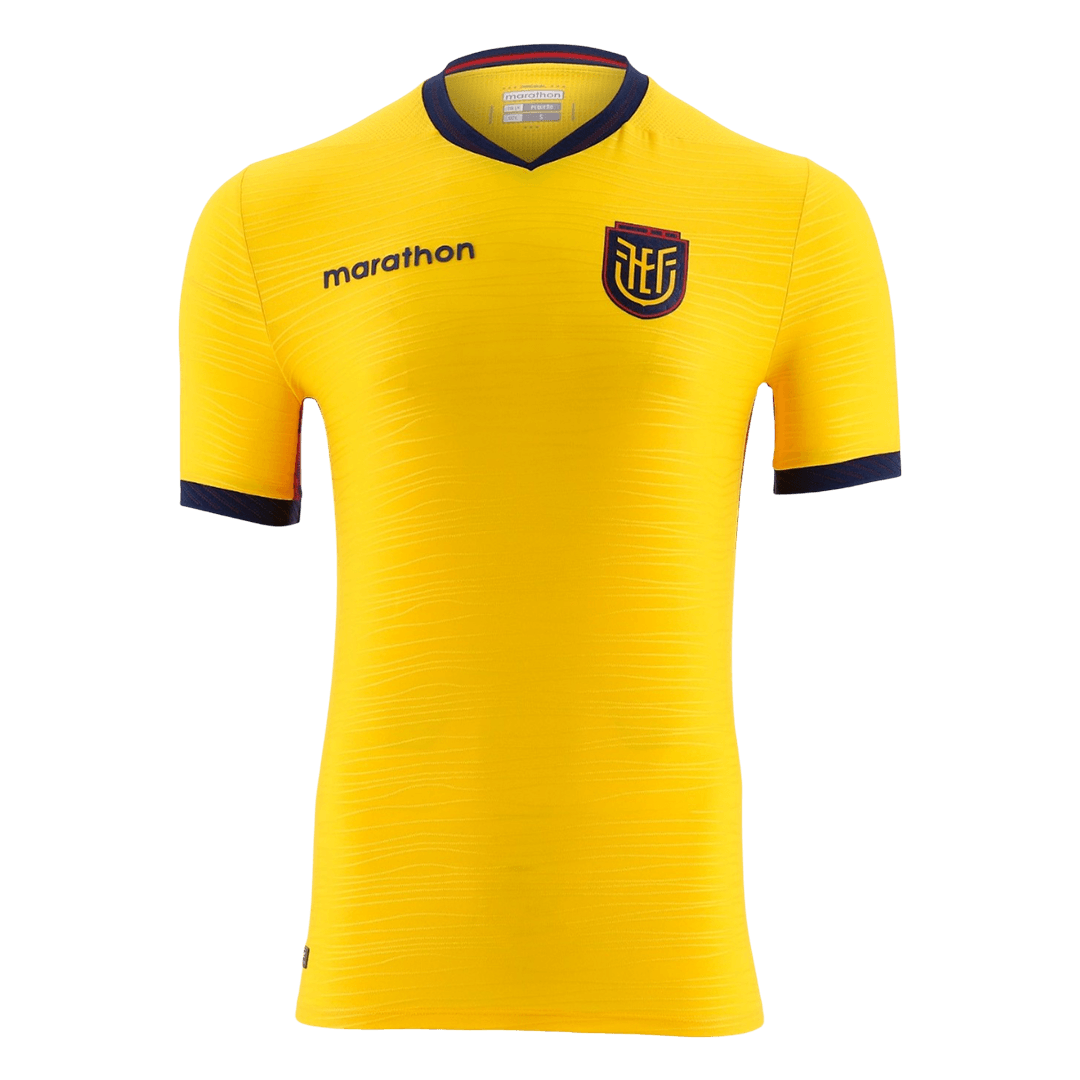 Flat lay of Ecuador home replica jersey front with Marathon logo and FEF crest, no number visible on front
