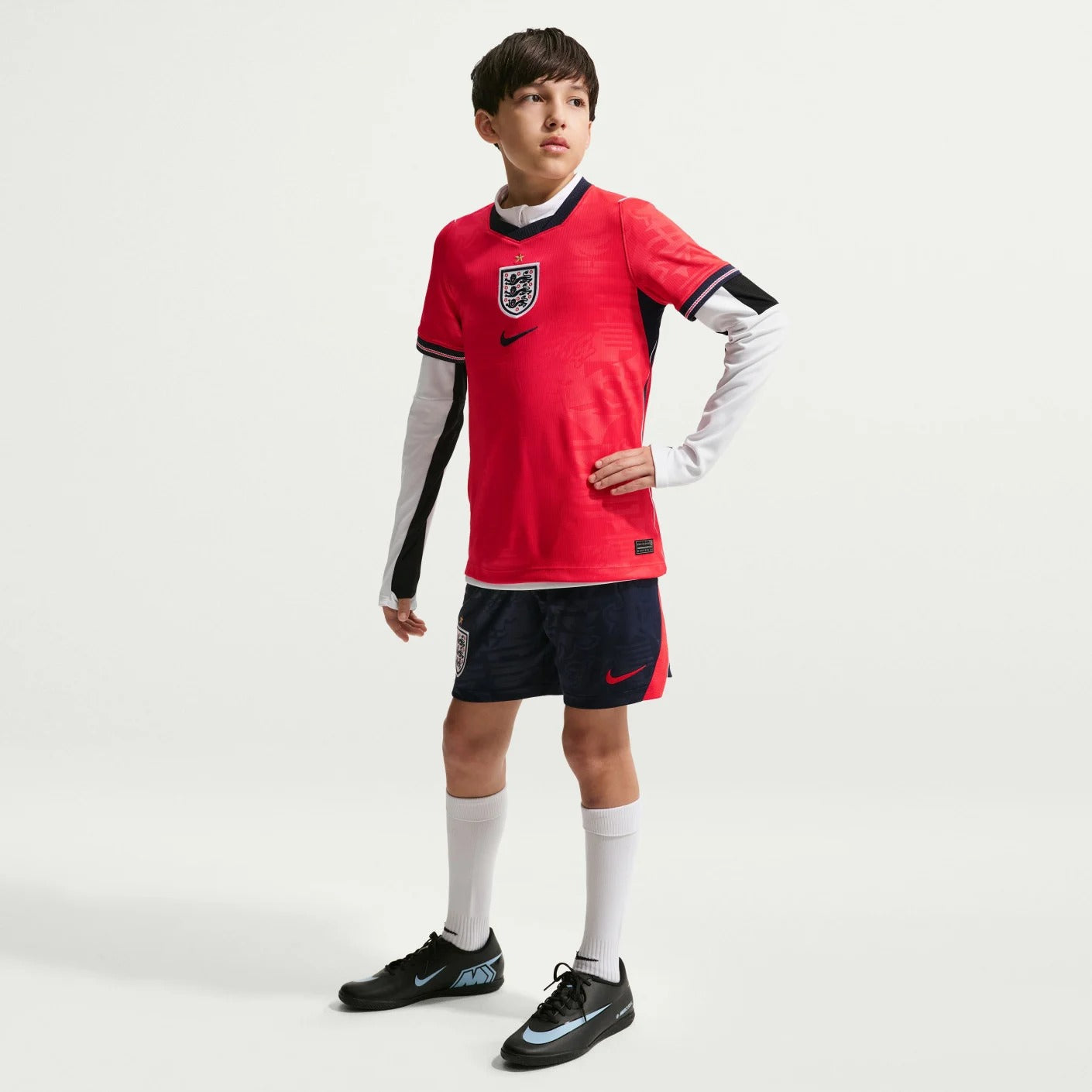 Boy wearing an England 2026 World Cup National Team Stadium Away Kids Jersey