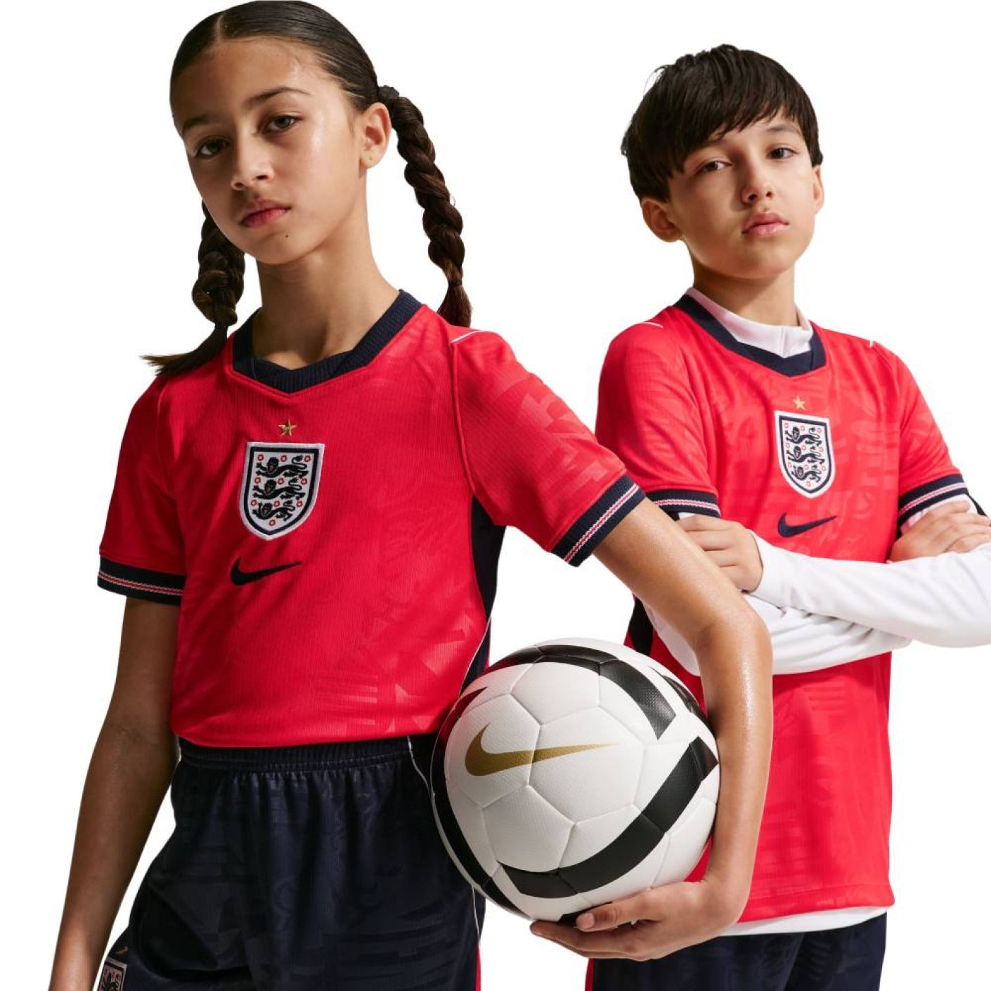Girl And Boy wearing an England 2026 World Cup National Team Stadium Away Kids Jersey