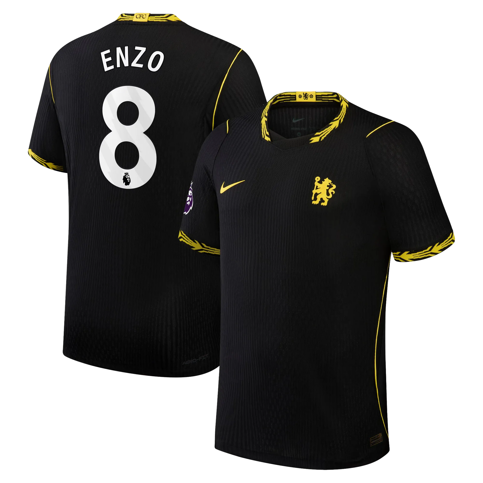 Front and back view of men's Chelsea 2026-2027 away black match authentic jersey featuring Enzo Fernández by Final Third Kit