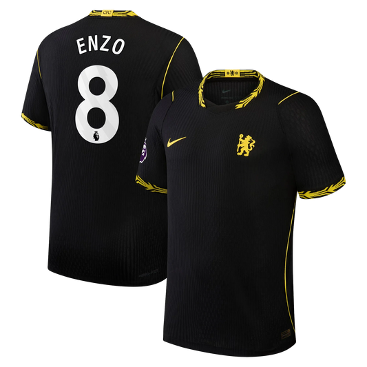 Front and back view of men's Chelsea 2026-2027 away black match authentic jersey featuring Enzo Fernández by Final Third Kit