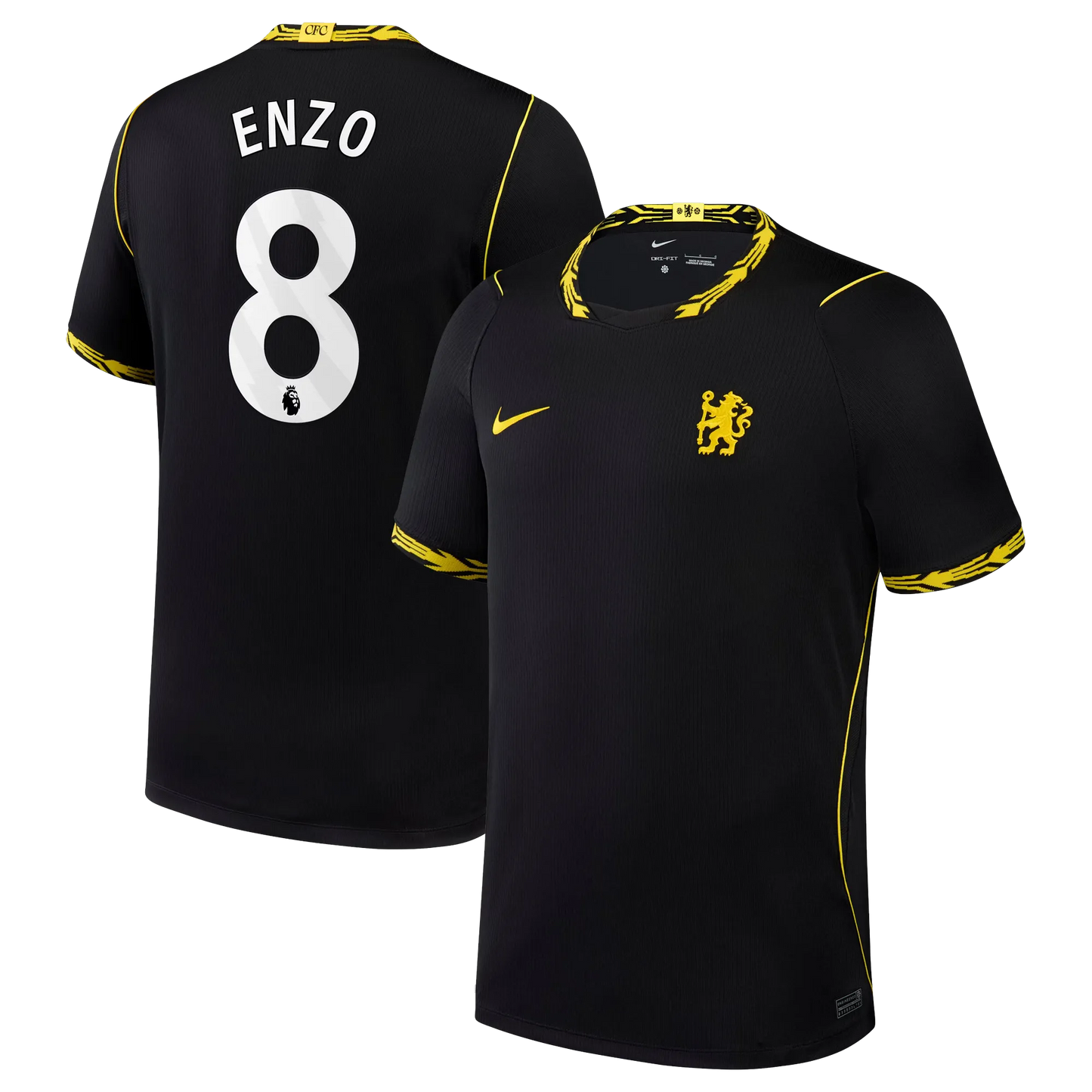 Front and back view of men's Chelsea 2026-2027 away black stadium replica jersey featuring Enzo Fernández by Final Third Kit
