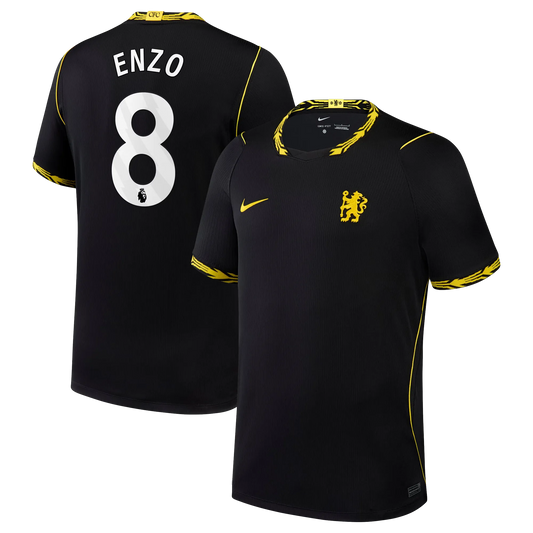 Front and back view of men's Chelsea 2026-2027 away black stadium replica jersey featuring Enzo Fernández by Final Third Kit