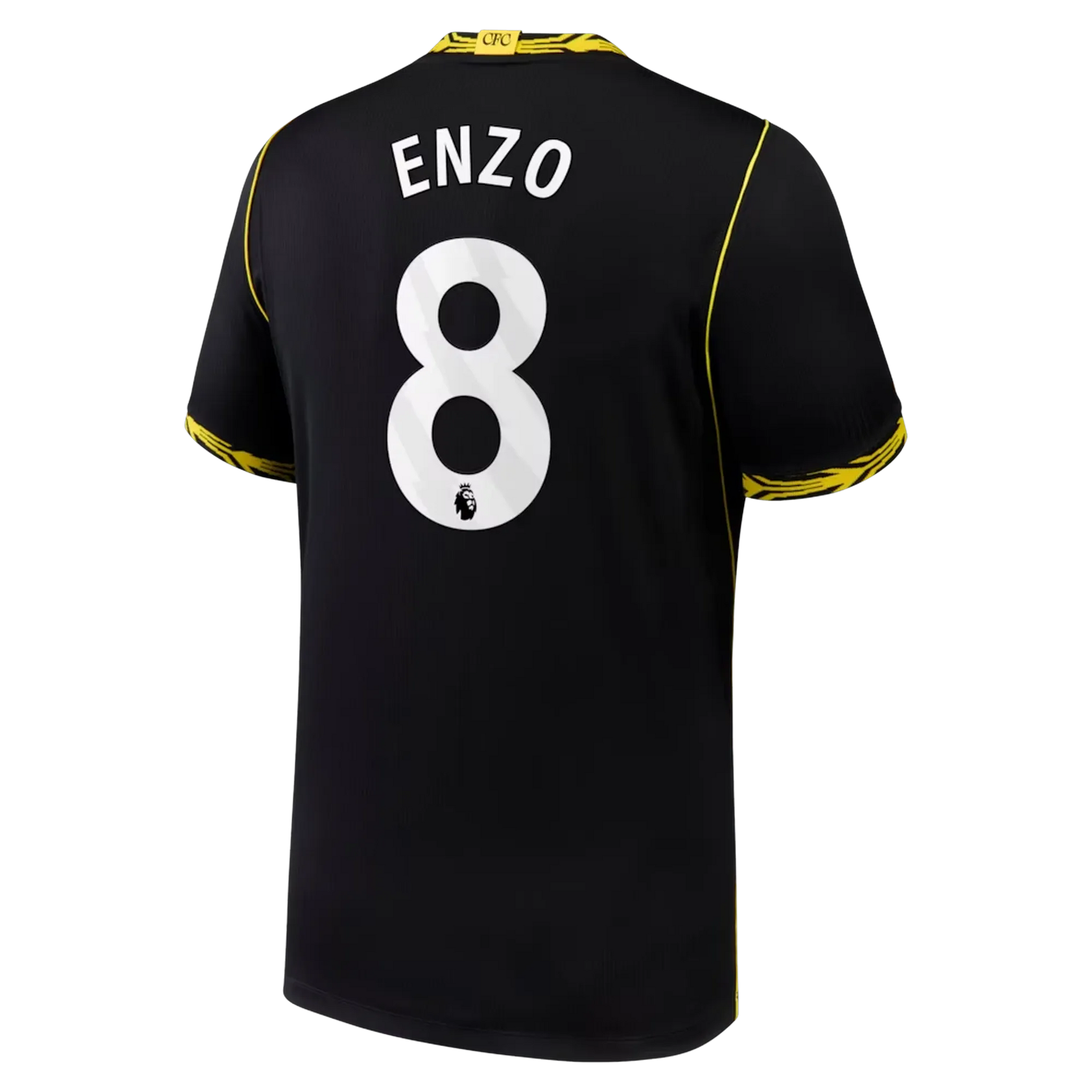 Back view of men's Chelsea 2026-2027 away black football shirt with Enzo Fernández name and number printing by Final Third Kit