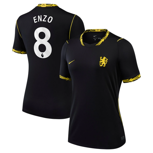 Front and back view of women's Chelsea 2026-2027 away black stadium replica jersey featuring Enzo by Final Third Kit
