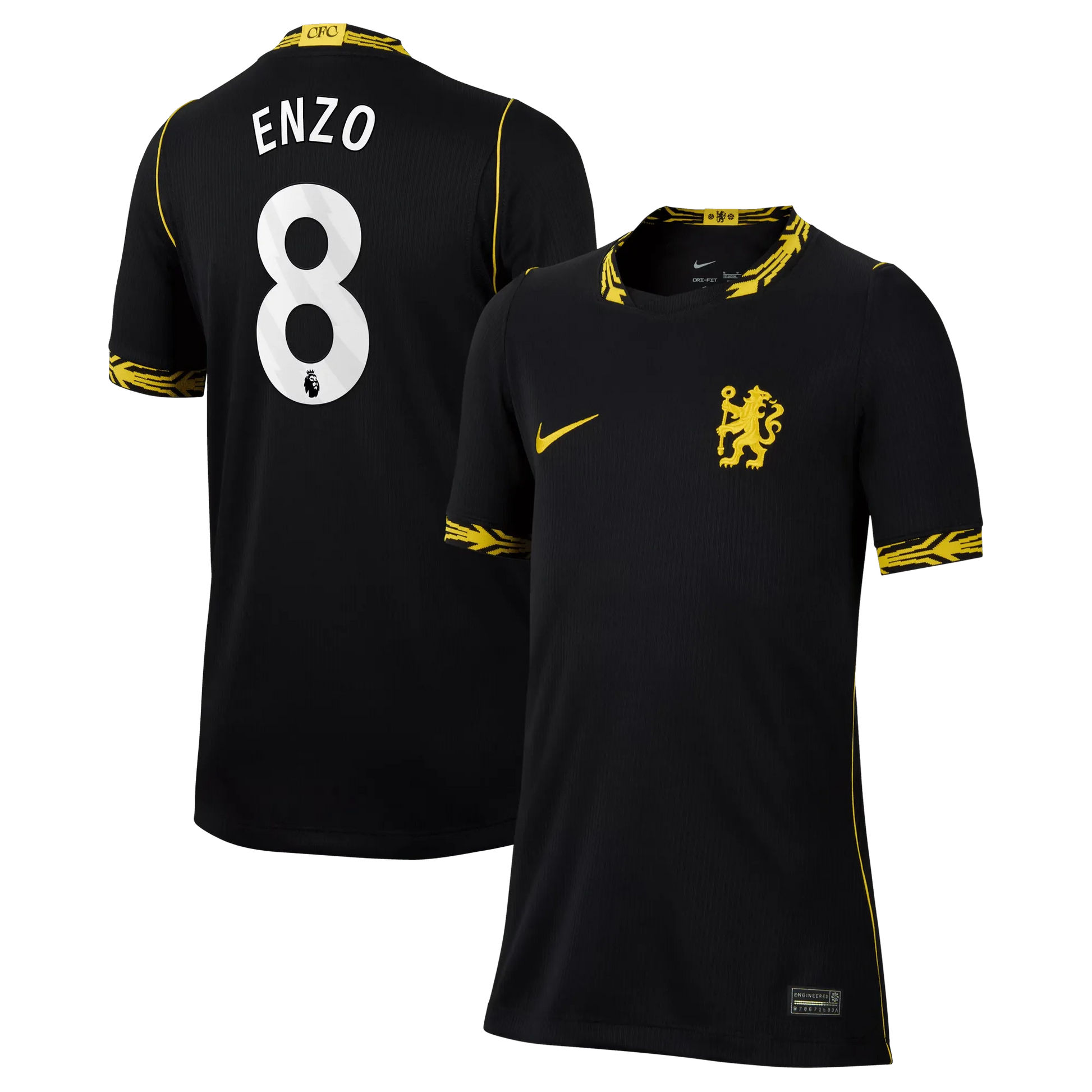 Front and back view of youth Chelsea 2026-2027 away black stadium replica jersey featuring Enzo Fernández by Final Third Kit