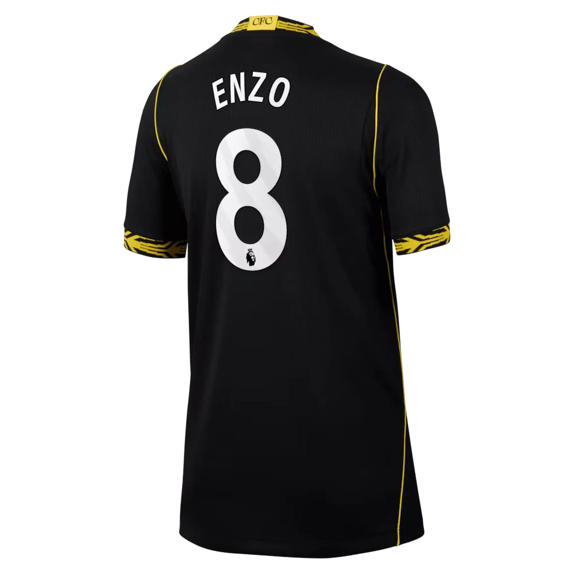 Back view of youth Chelsea 2026-2027 away black football shirt with Enzo Fernández name and number printing by Final Third Kit