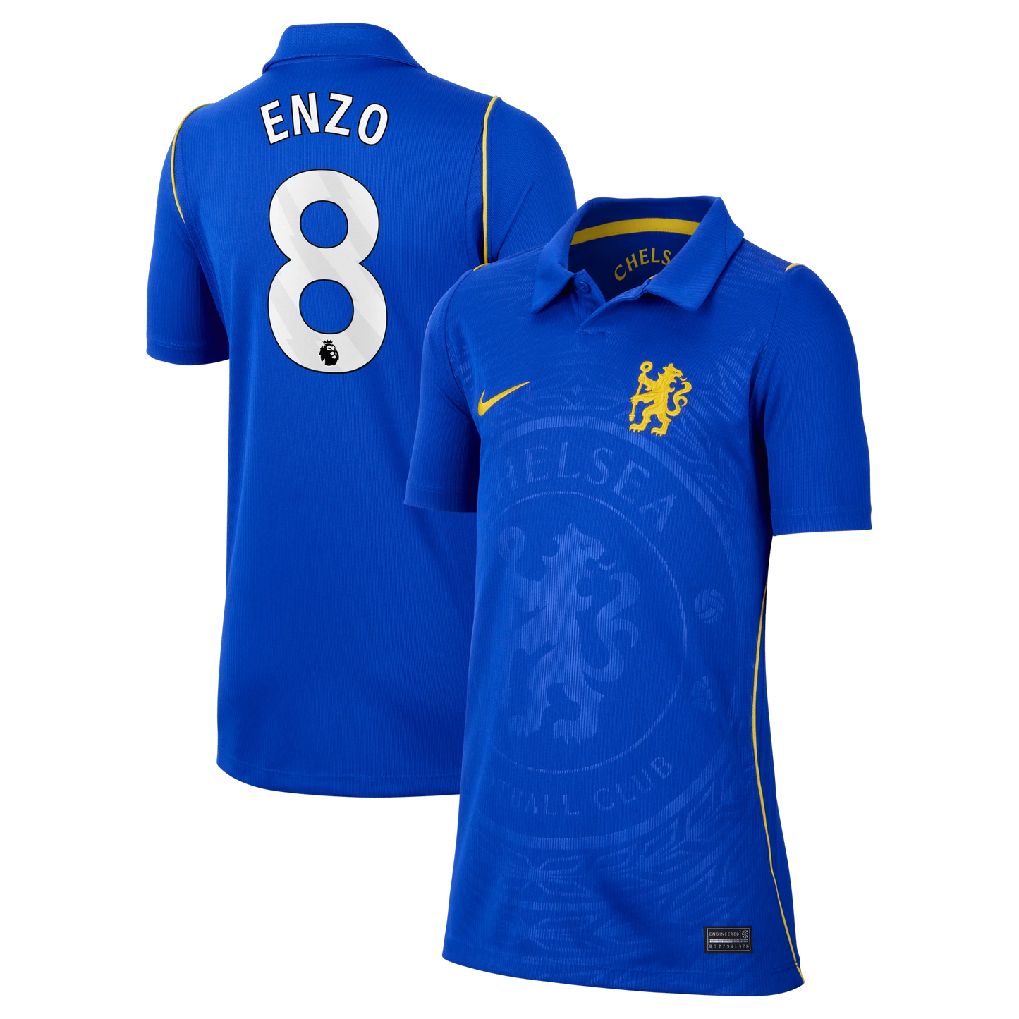 Front and back view of youth Chelsea 2026-2027 home blue stadium replica jersey featuring Enzo Fernández by Final Third Kit