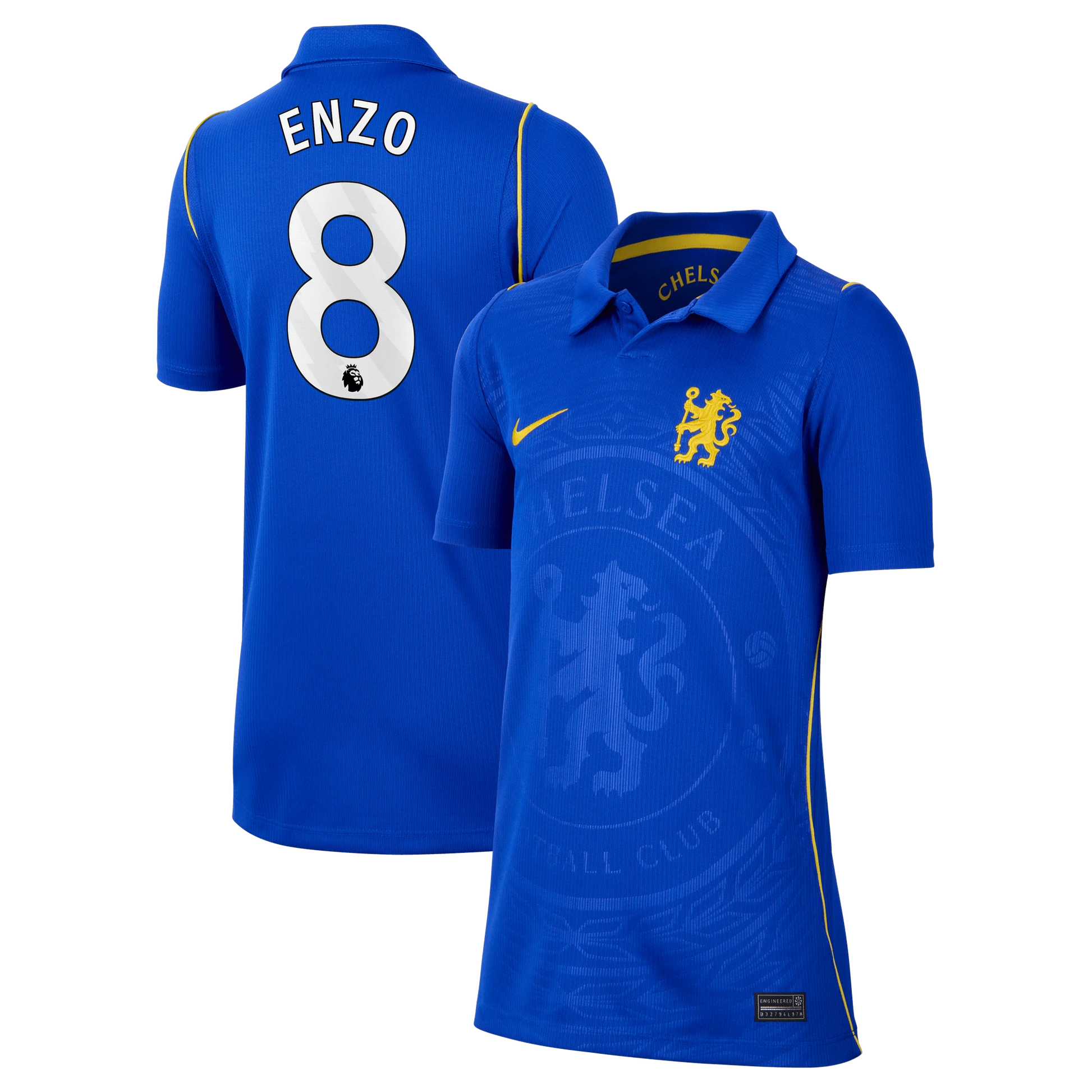Front and back view of youth Chelsea 2026-2027 home blue stadium replica jersey featuring Enzo Fernández by Final Third Kit
