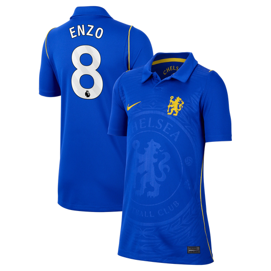 Front and back view of youth Chelsea 2026-2027 home blue stadium replica jersey featuring Enzo Fernández by Final Third Kit