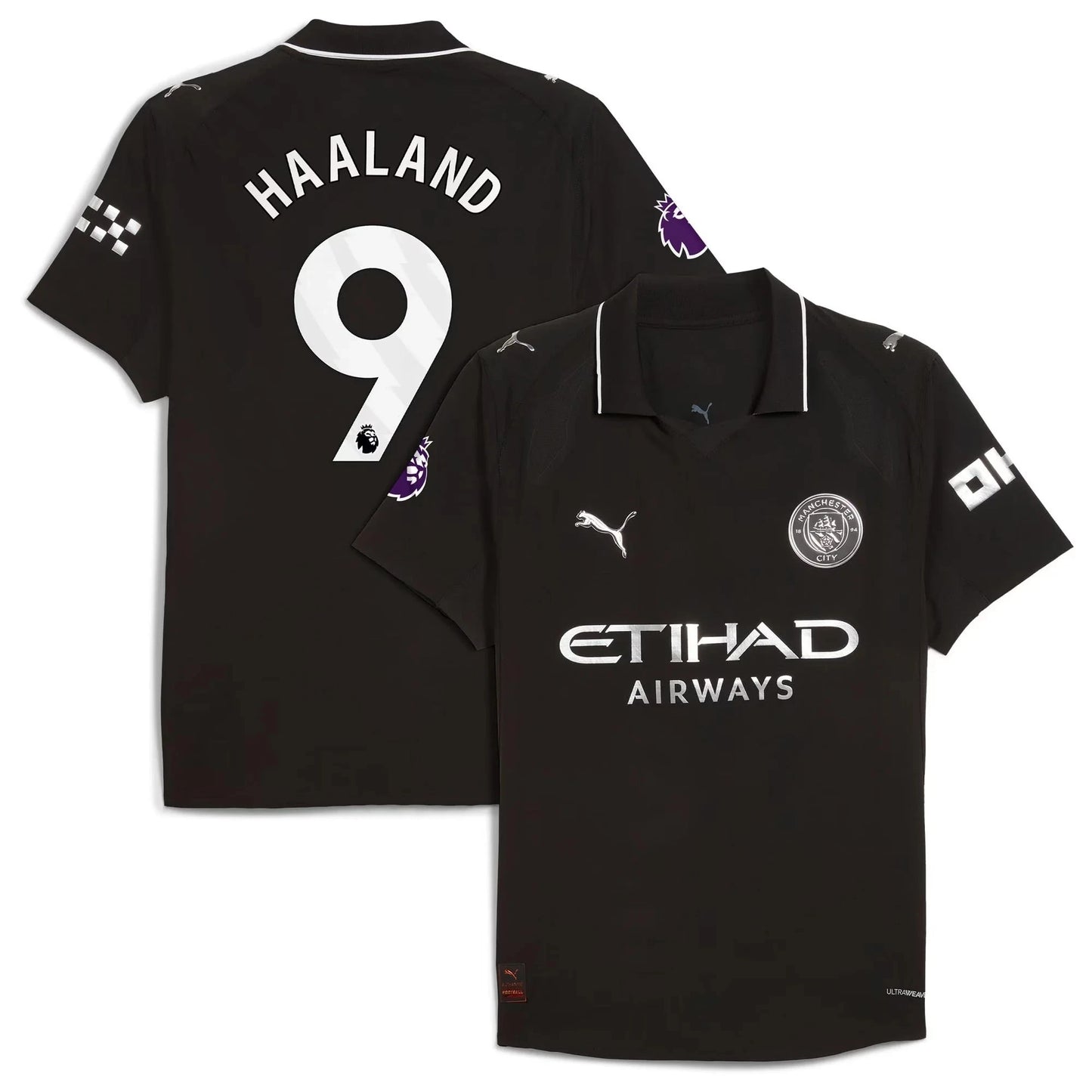 Manchester City 2025/26 away replica jersey front and back combined view with Erling Haaland 9 and modern away design