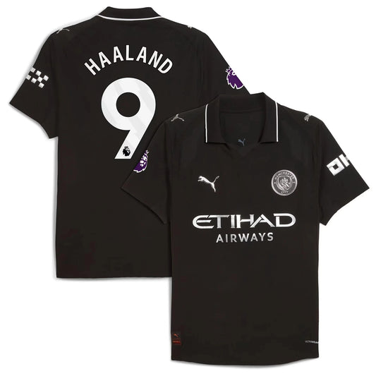 Manchester City 2025/26 away replica jersey front and back combined view with Erling Haaland 9 and modern away design