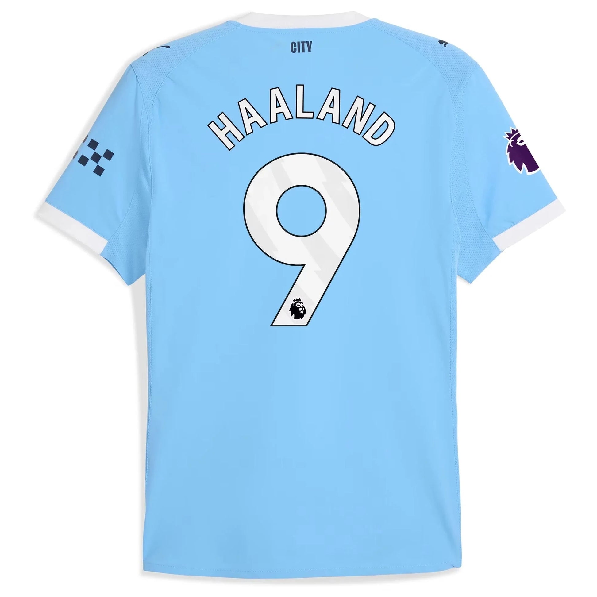 Back view of Manchester City home replica jersey showing Erling Haaland 9 name and number print
