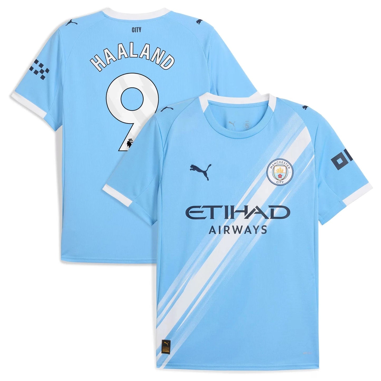 anchester City 2025/26 home replica jersey front and back combined view with Erling Haaland 9 and white sash design
