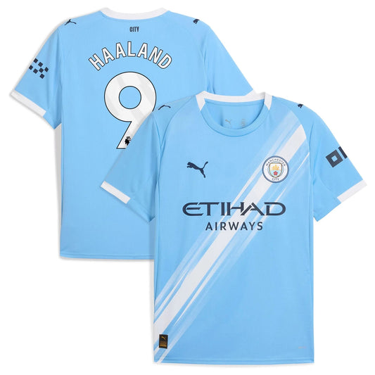 anchester City 2025/26 home replica jersey front and back combined view with Erling Haaland 9 and white sash design