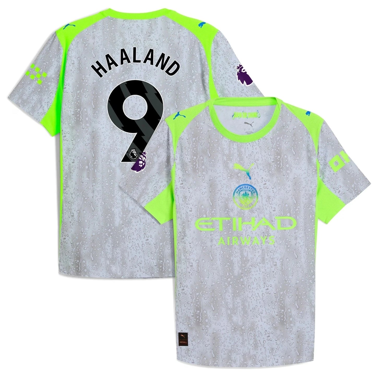 Manchester City 2025/26 third replica jersey front and back combined view with Erling Haaland 9 and bold third design