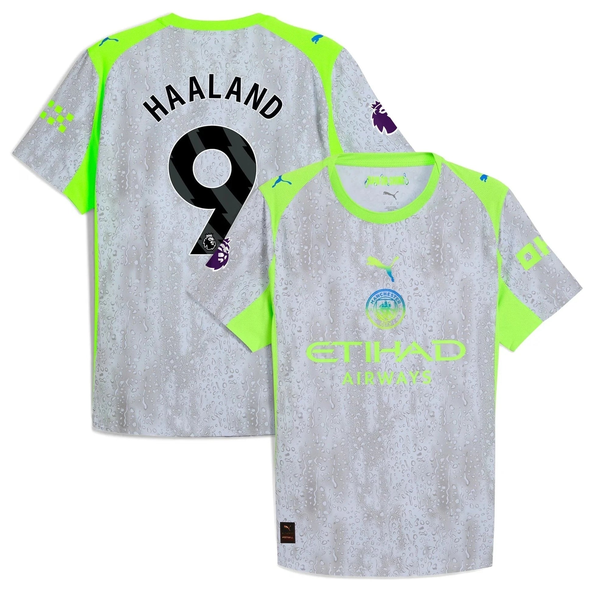 Manchester City 2025/26 third replica jersey front and back combined view with Erling Haaland 9 and bold third design