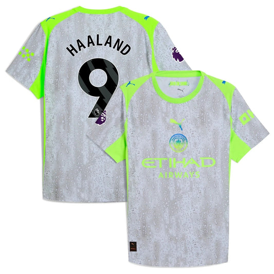 Manchester City 2025/26 third replica jersey front and back combined view with Erling Haaland 9 and bold third design
