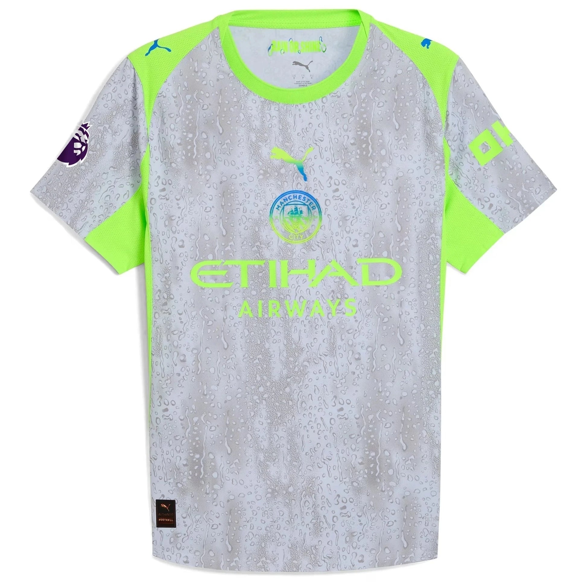  Flat lay of Man City third replica jersey front with Haaland 9 and club crest