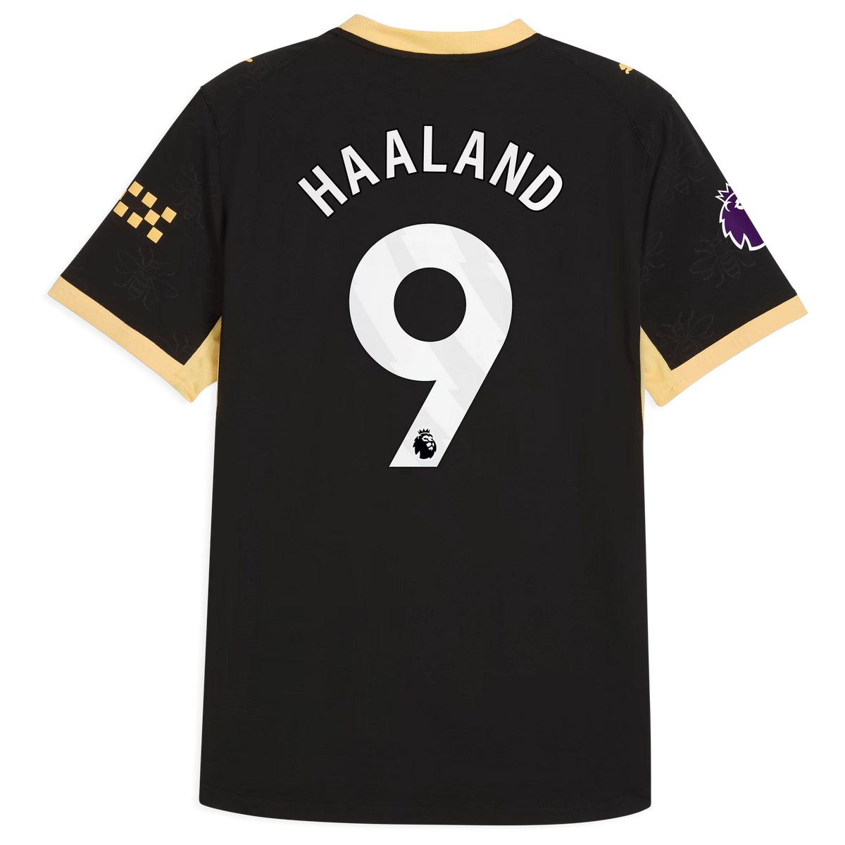 Back view of Manchester City 2026-2027 away black on-field authentic football shirt with Erling Haaland name and number 9 printing by Final Third Kit