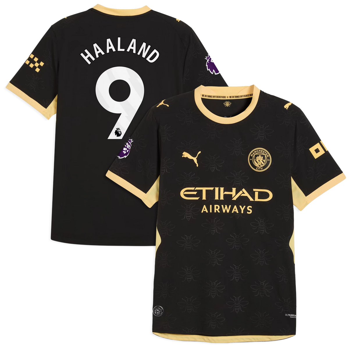 Front and back view of Manchester City 2026-2027 away black on-field authentic jersey featuring Erling Haaland by Final Third Kit