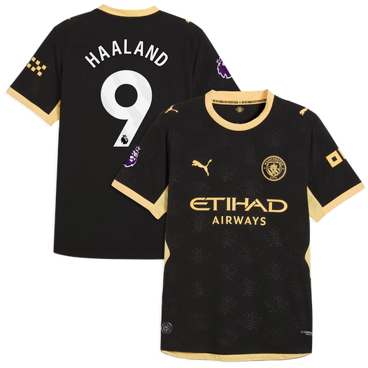 Front and back view of Manchester City 2026-2027 away black on-field authentic jersey featuring Erling Haaland by Final Third Kit