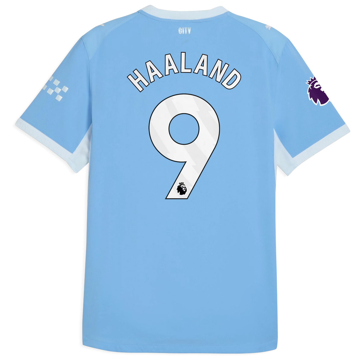 Back view of Manchester City 2026-2027 home light blue on-field authentic football shirt with Erling Haaland name and number 9 printing by Final Third Kit