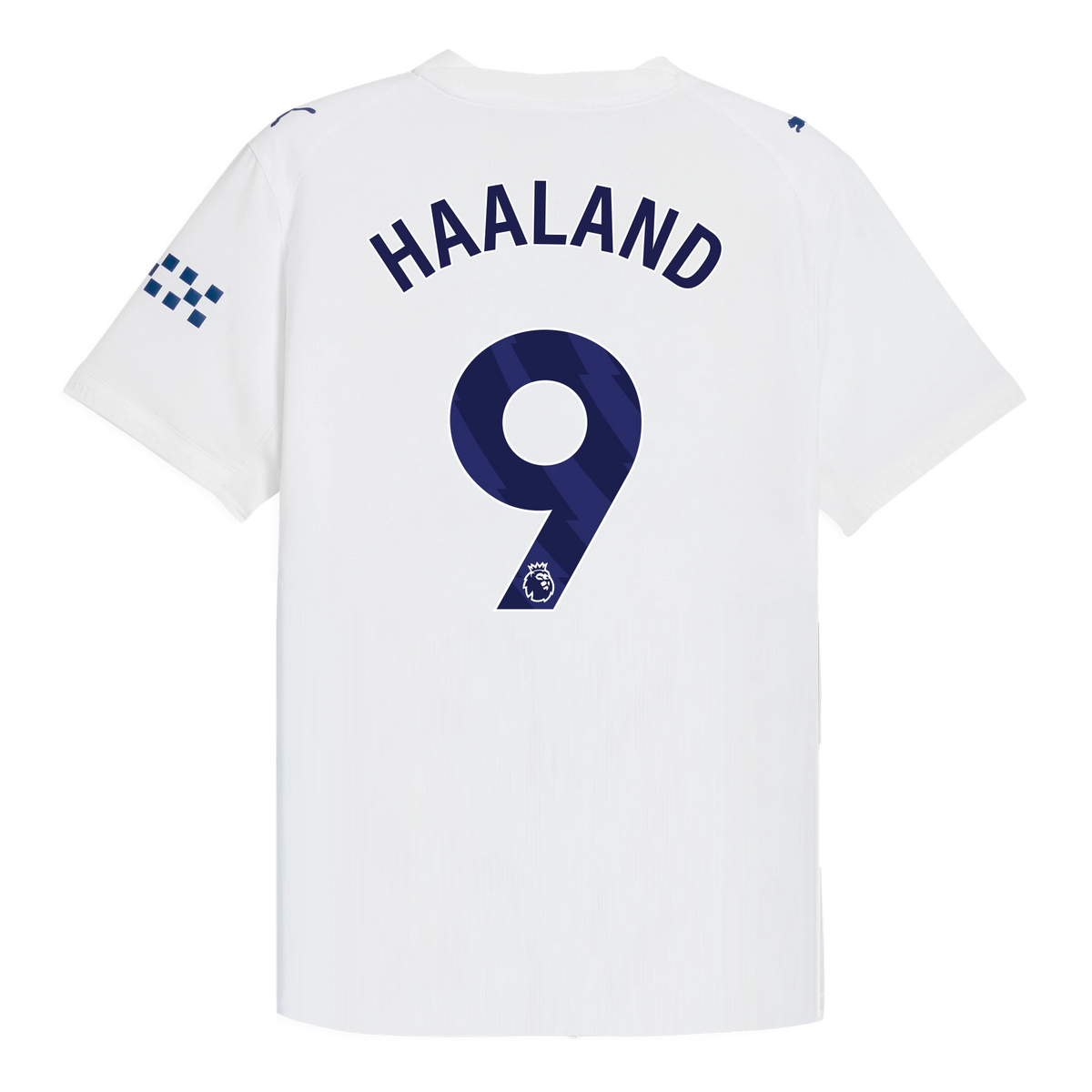 Back view of Manchester City 2026-2027 third white on-field authentic football shirt with Erling Haaland name and number 9 printing by Final Third Kit