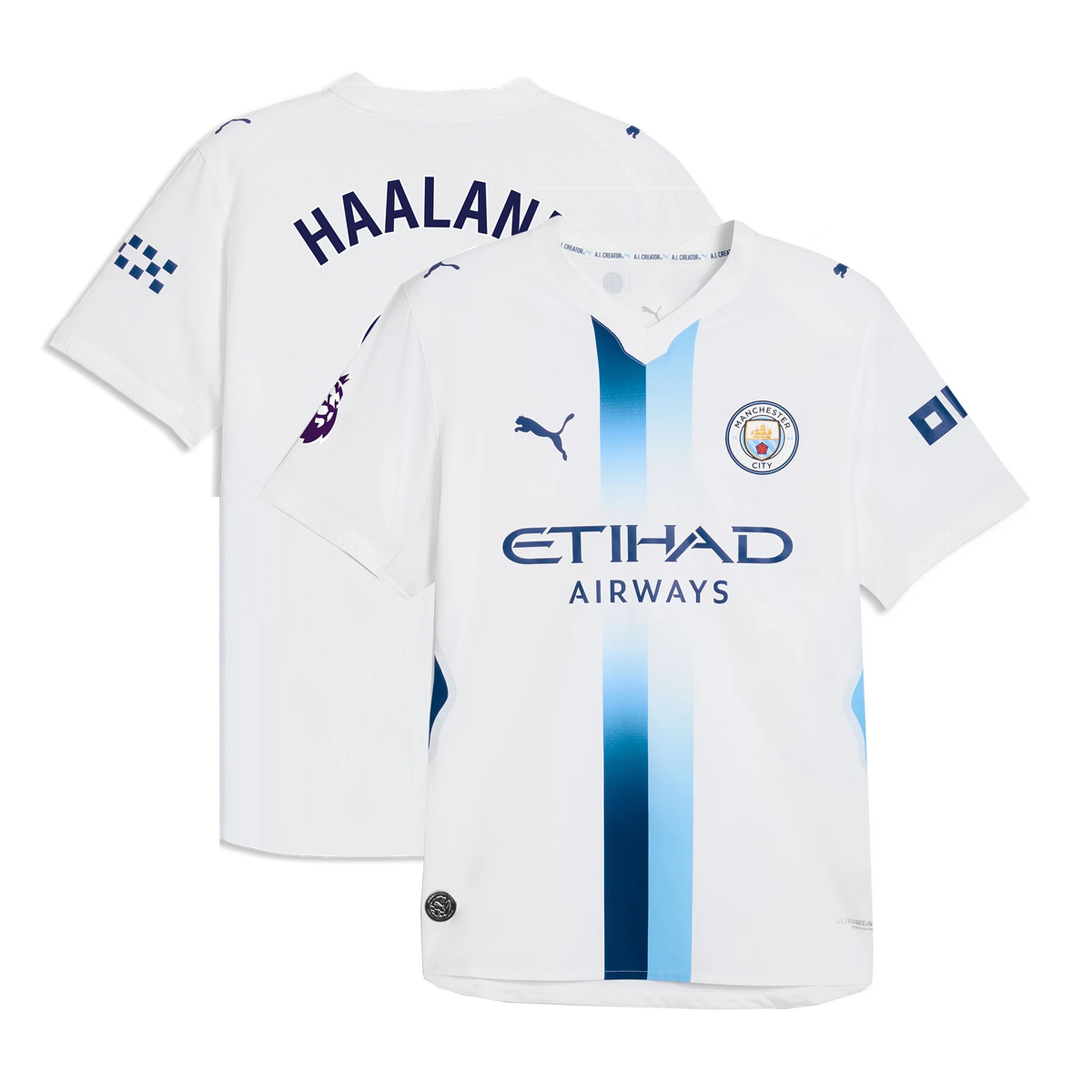 Front and back view of Manchester City 2026-2027 third white on-field authentic jersey featuring Erling Haaland by Final Third Kit