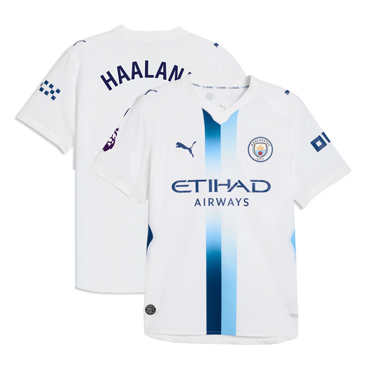 Front and back view of Manchester City 2026-2027 third white on-field authentic jersey featuring Erling Haaland by Final Third Kit