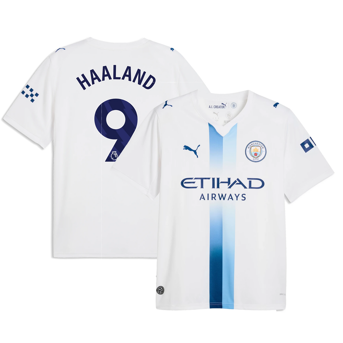 Front and back view of Manchester City 2026-2027 third white replica jersey featuring Erling Haaland by Final Third Kit