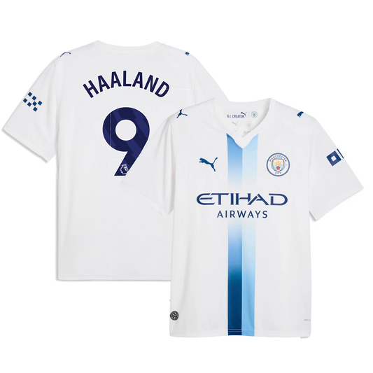 Front and back view of Manchester City 2026-2027 third white replica jersey featuring Erling Haaland by Final Third Kit