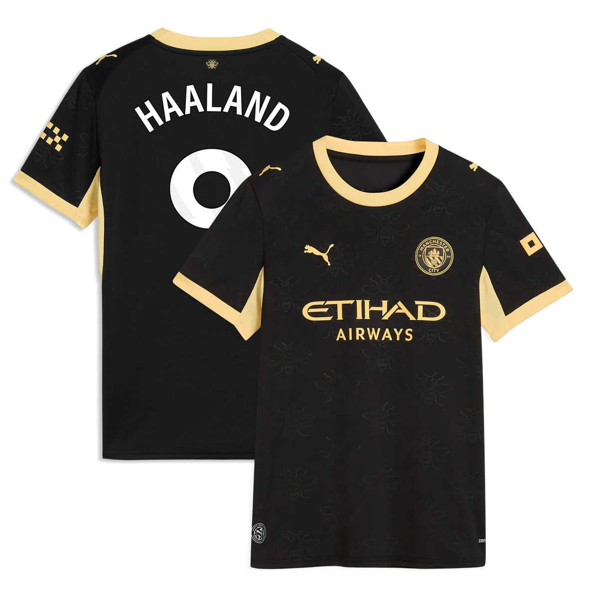 Front and back view of women's Manchester City 2026-2027 away black replica jersey featuring Erling Haaland by Final Third Kit