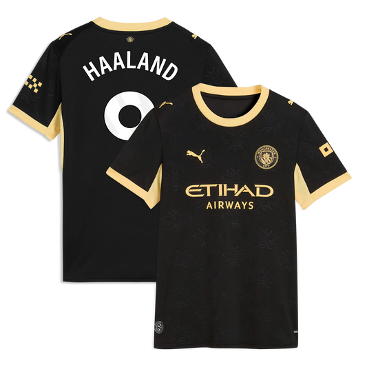 Front and back view of women's Manchester City 2026-2027 away black replica jersey featuring Erling Haaland by Final Third Kit