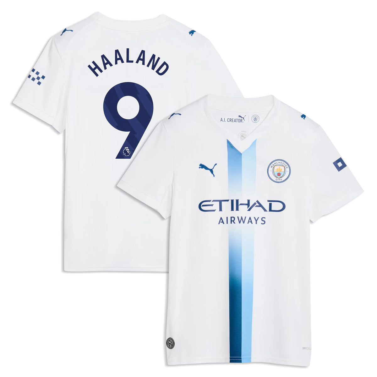 Front and back view of women's Manchester City 2026-2027 third white replica jersey featuring Erling Haaland by Final Third Kit