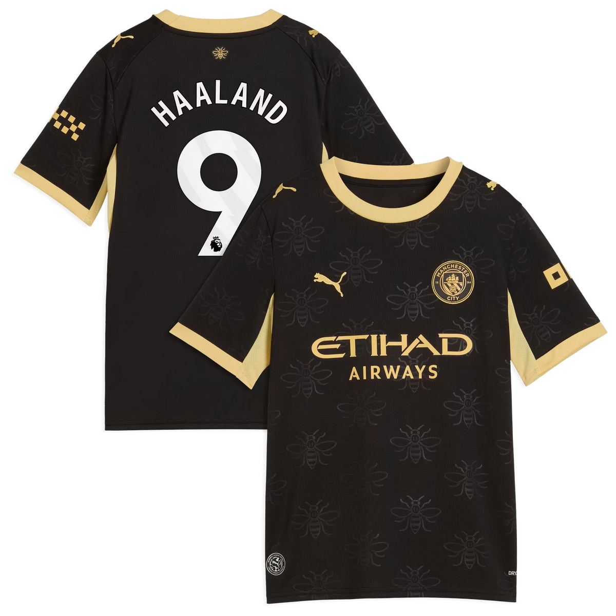 Front and back view of youth Manchester City 2026-2027 away black replica jersey featuring Erling Haaland by Final Third Kit