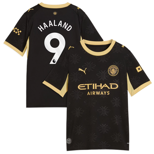 Front and back view of youth Manchester City 2026-2027 away black replica jersey featuring Erling Haaland by Final Third Kit