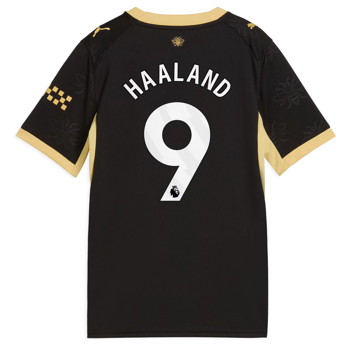 Back view of youth Manchester City 2026-2027 away black replica football shirt with Erling Haaland name and number 9 printing by Final Third Kit
