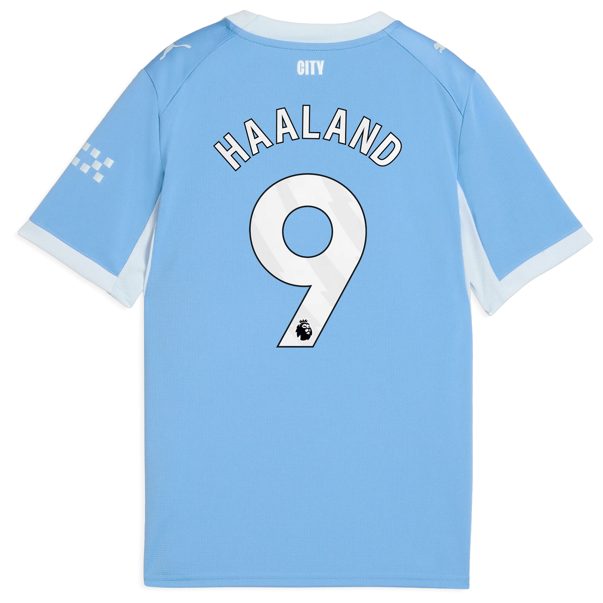 Back view of youth Manchester City 2026-2027 home light blue replica football shirt with Erling Haaland name and number 9 printing by Final Third Kit