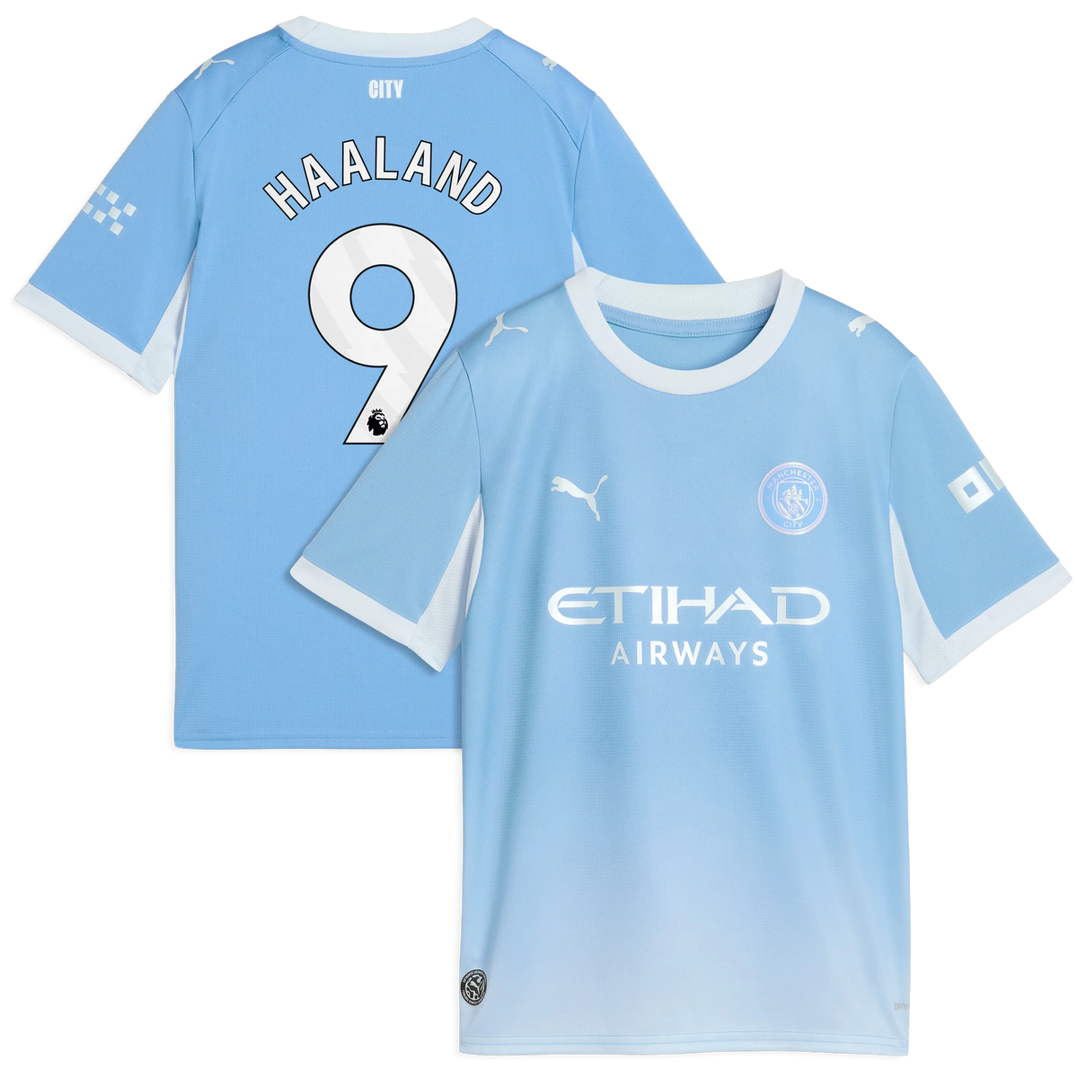 Front and back view of youth Manchester City 2026-2027 home light blue replica jersey featuring Erling Haaland by Final Third Kit