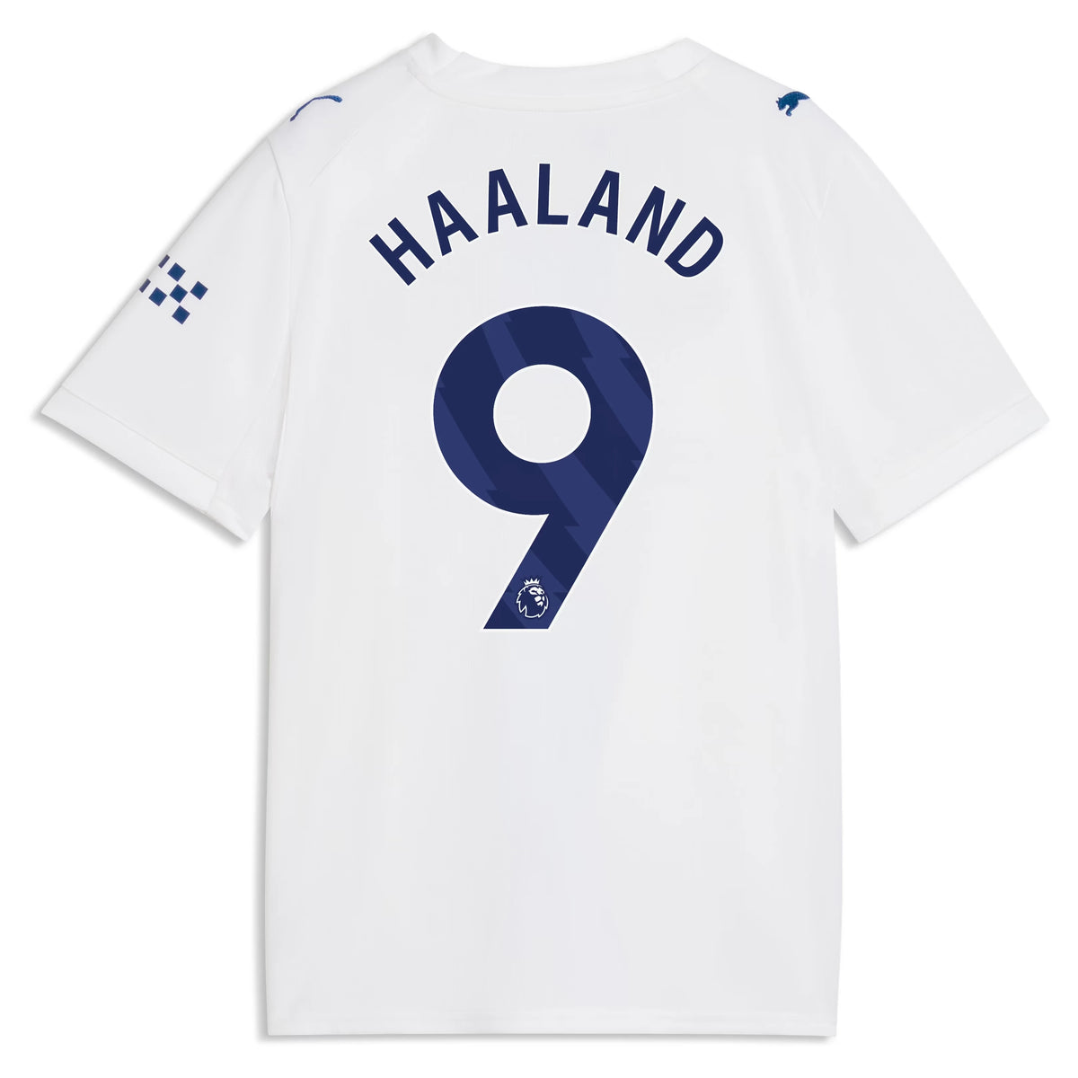 Back view of youth Manchester City 2026-2027 third white replica football shirt with Erling Haaland name and number 9 printing by Final Third Kit