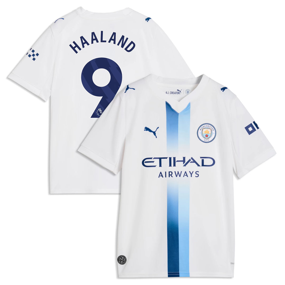 Front and back view of youth Manchester City 2026-2027 third white replica jersey featuring Erling Haaland by Final Third Kit