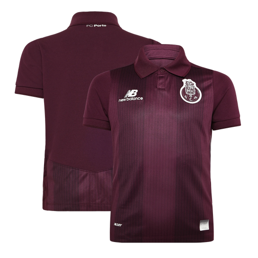 Front and back view of youth FC Porto 2026-2027 away claret stadium replica jersey by Final Third Kit