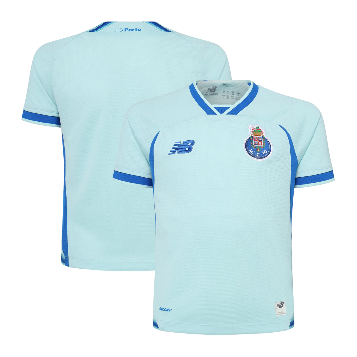 Front and back view of youth FC Porto 2026-2027 third turquoise stadium replica jersey by Final Third Kit