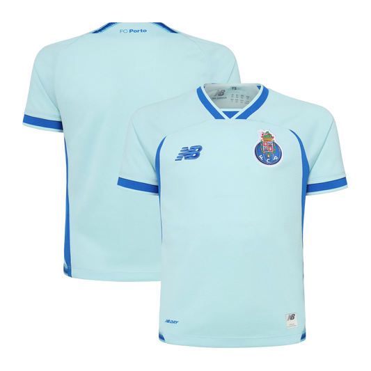 Front and back view of youth FC Porto 2026-2027 third turquoise stadium replica jersey by Final Third Kit