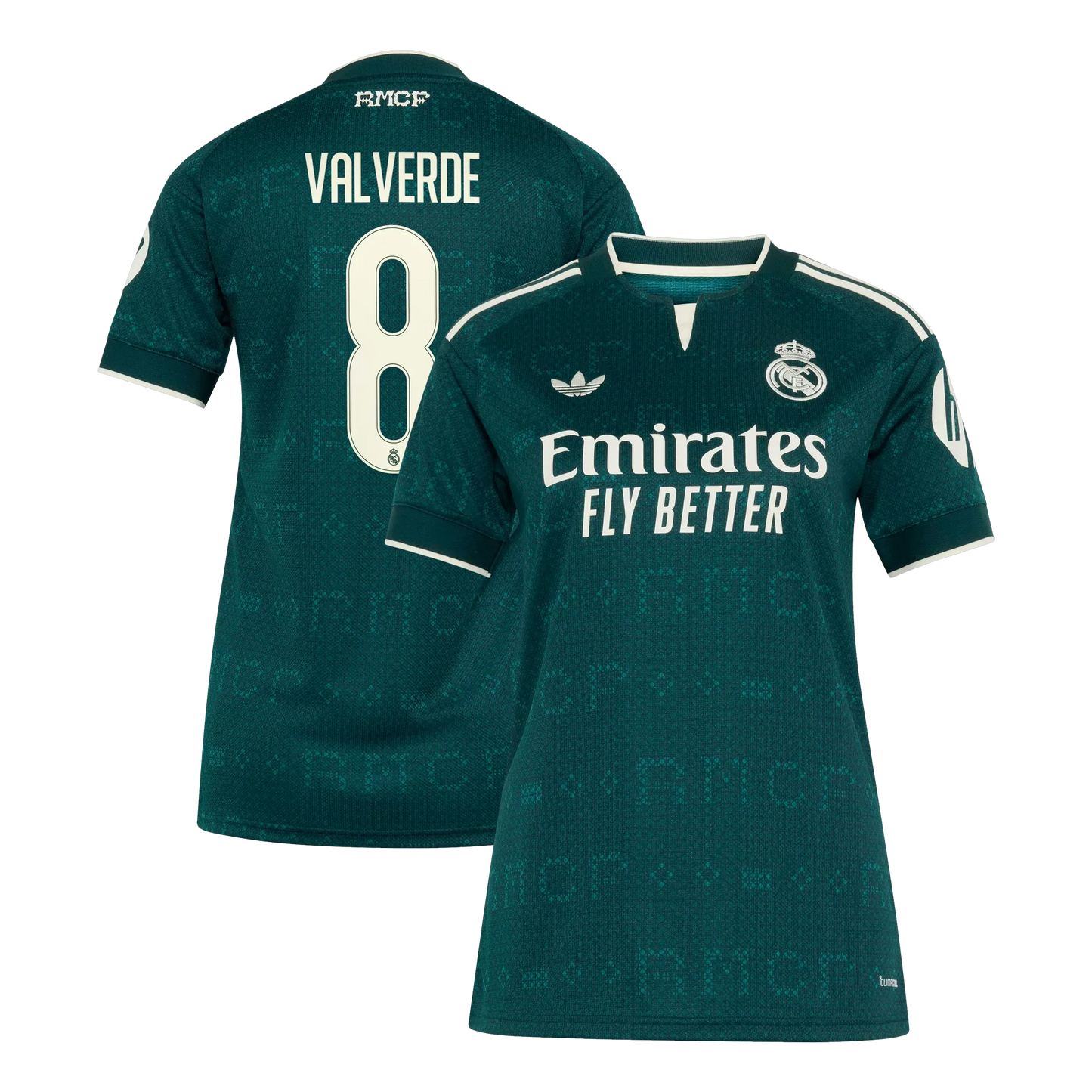 Front and back view of women's Real Madrid 2026-2027 away stadium replica jersey featuring Valverde #8 by Final Third Kit