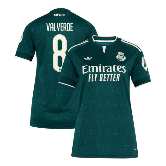 Front and back view of women's Real Madrid 2026-2027 away stadium replica jersey featuring Valverde #8 by Final Third Kit