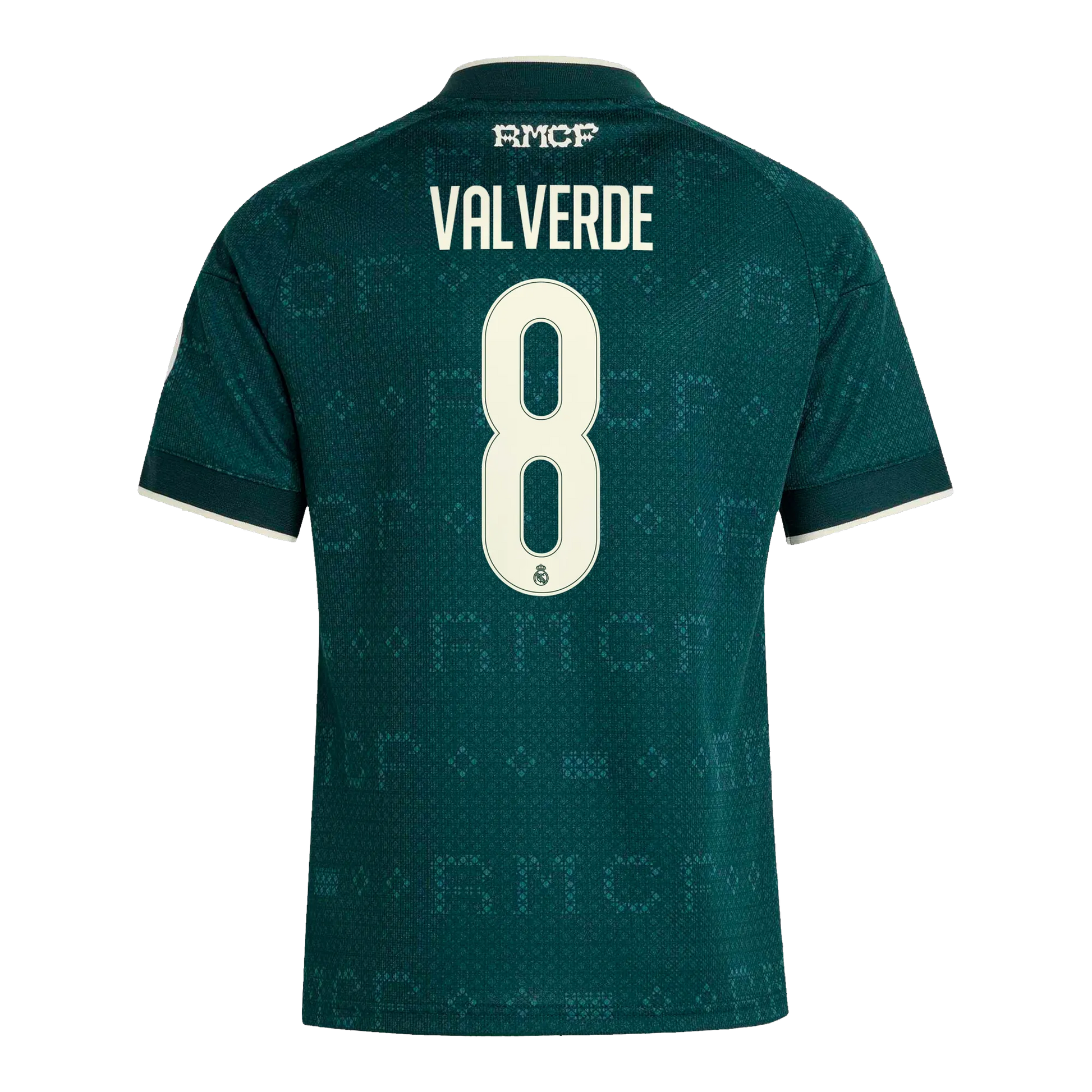 Back view of kids Real Madrid 2026-2027 away football shirt with Valverde #8 name and number printing by Final Third Kit