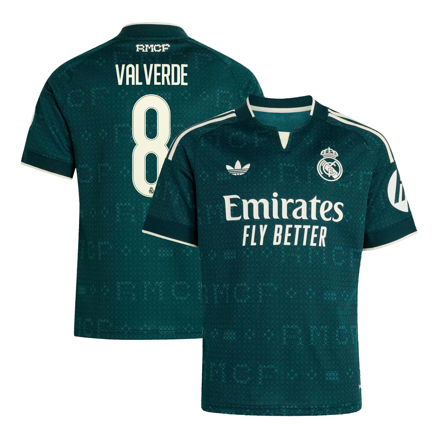 Front and back view of kids Real Madrid 2026-2027 away stadium replica jersey featuring Valverde #8 by Final Third Kit